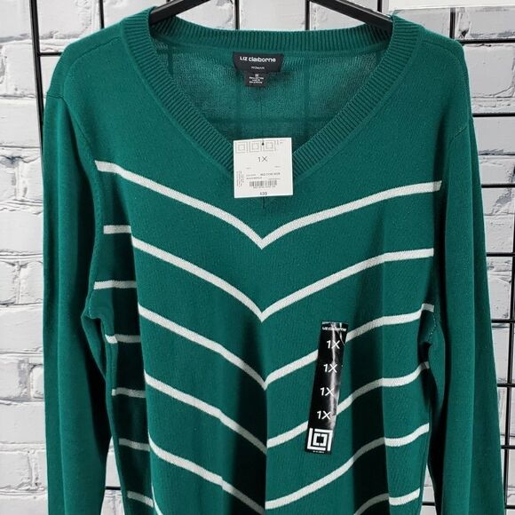 Sweater V Neck Green and White Liz Claiborne NWT - Picture 3 of 5